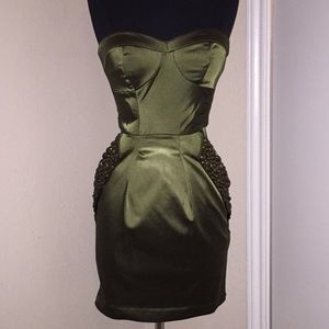 Stunning Olive Satin Dress w/ embellished pockets